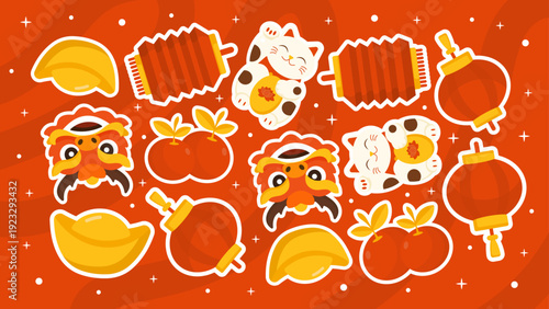 Vibrant spring festival pattern with lanterns dragons and lucky cats