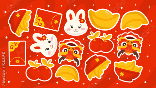 Abundant festive background with gold ingots rabbits and dragon masks