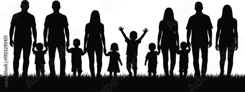 Black, and, white, silhouettes, of, a, large, diverse, group, of, families, and, children, standing, on, grass, vector, illustration, collection, set.