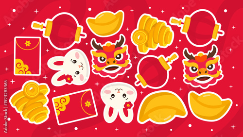 Rich decorative background with stacked gold coins rabbits and lanterns