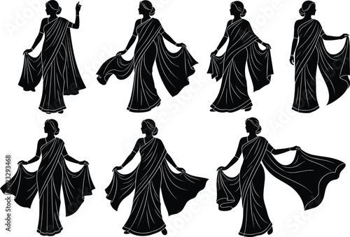 Black vector silhouette set of elegant women wearing traditional Indian sarees in various graceful poses for cultural fashion heritage textile and South Asian branding
