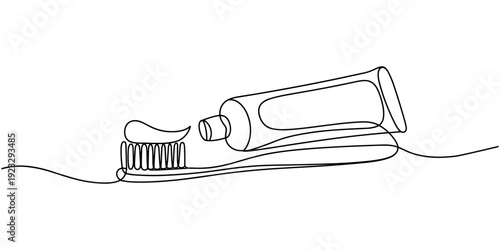 Continuous one line drawing of toothpaste tube with toothbrush. Single line drawing illustration of Tooth paste with brush. Branding oral care products concept vector art. Doodle line illustration.