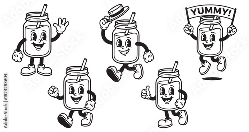 glass jar funny cartoon mascot character in different poses