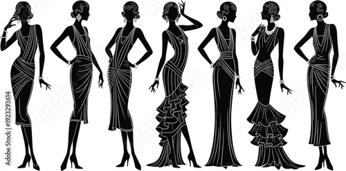 Black vector silhouette set of elegant women in 1920s vintage evening gowns and flapper dresses for Great Gatsby jazz era and formal party branding