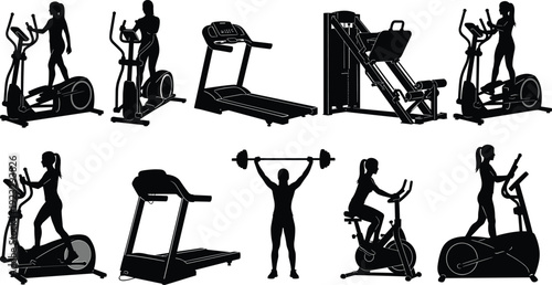 Black, fitness, silhouettes, set, with, people, using, treadmill, elliptical, trainer, exercise, bike, weightlifting, and, leg, press, machines, vector, illustration, collection.