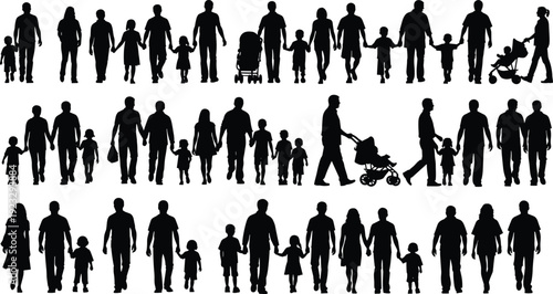 Black, and, white, silhouettes, of, diverse, families, walking, with, children, strollers, and, holding, hands, isolated, on, white, background, vector, collection.