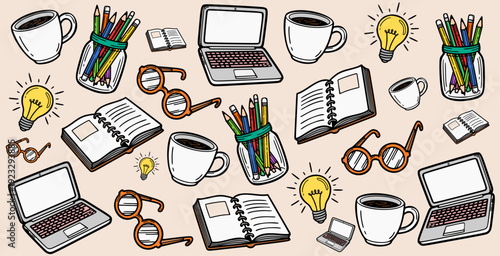 Creative Workspace Seamless Pattern with Hand-Drawn Office and Study Essentials