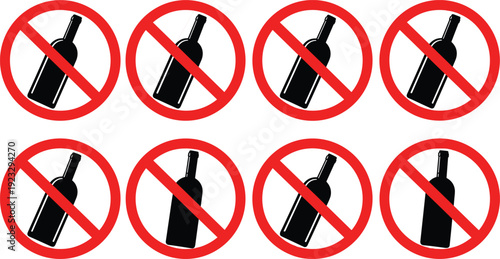 Red, prohibition, signs, set, with, alcohol, bottle, icons, for, no, drinking, restricted, area, public, safety, isolated, vector, illustration, collection, design.