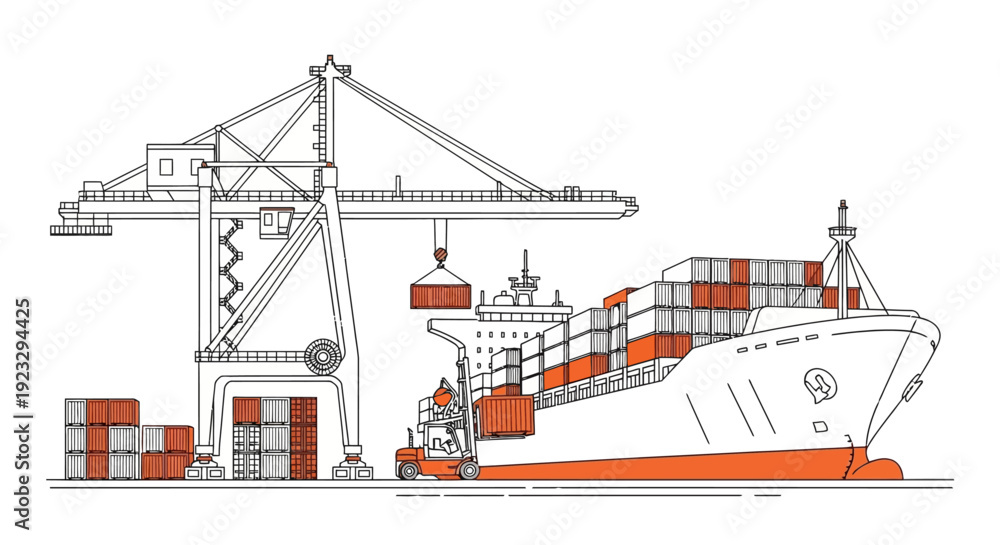 Obraz premium Container Ship at Port Under Crane Loading Containers in a Minimalist Line Art Style with Orange Accents and Maritime Logistics Context