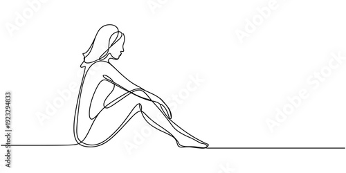 Young woman sitting cross-legged on the floor. Continuous line art drawing, Girl sitting high with dangling feet in continuous line art drawing style.