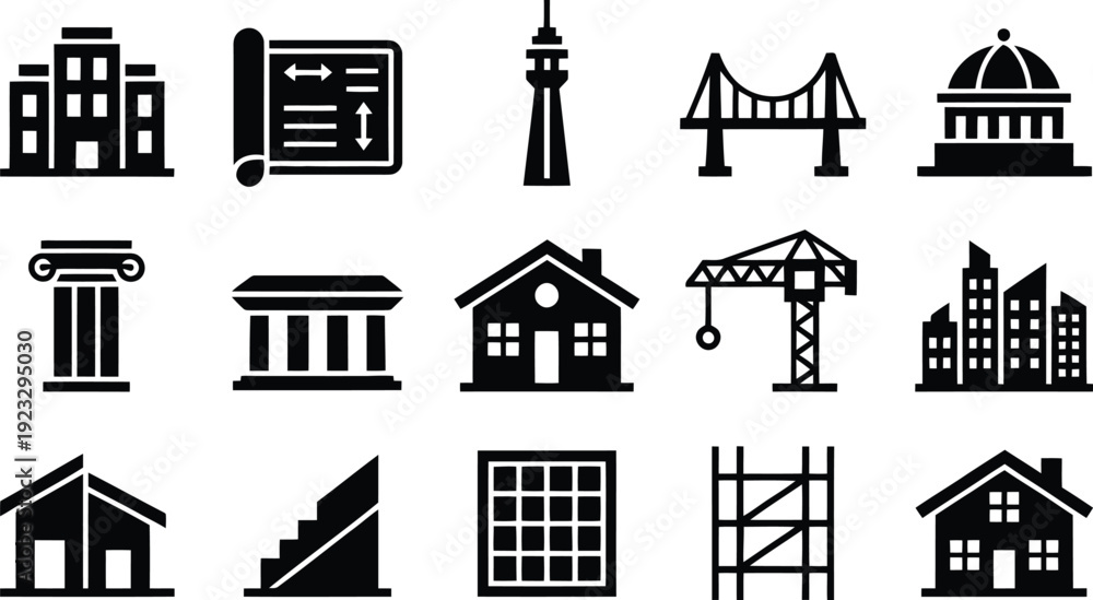 Fototapeta premium Architecture and Construction Icon Set - Black Vector Silhouette Icons of Buildings, Infrastructure, and Engineering