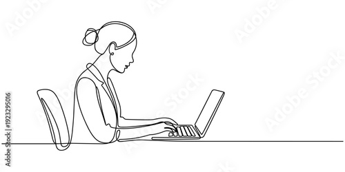 Continuous one line drawing of Woman working on a Laptop, Single line art concept Vector illustration, isolated on transparent background.