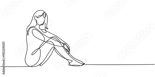 Young woman sitting cross-legged on the floor. Continuous line art drawing, Girl sitting high with dangling feet in continuous line art drawing style.