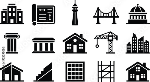 Architecture and Construction Icon Set - Black Vector Silhouette Icons of Buildings, Infrastructure, and Engineering