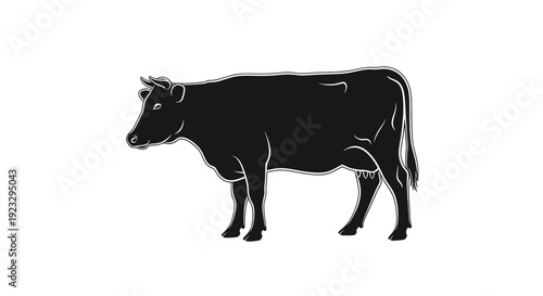Black Silhouette of a Cow Standing on White Background - Minimalist Farm Animal Illustration