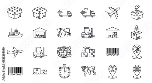 Delivery and Logistics Icons Set: Shipping, Transport, Warehouse, Map, Barcode, Stopwatch