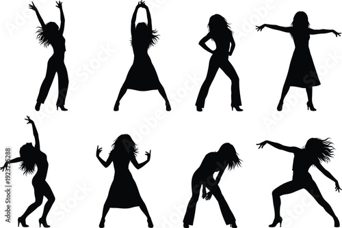 Black vector silhouette set of energetic women dancing in expressive poses with long hair and high heels for party club disco and fitness branding