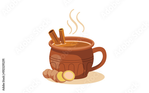 A vector graphic illustration of a steaming mug of hot beverage with cinnamon sticks and ginger roots on a plain white background
