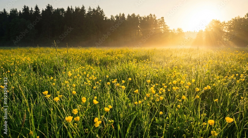 Fototapeta premium Sunset over a field of yellow flowers with trees in the background
