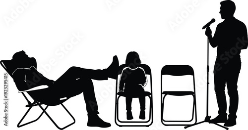 Black, silhouette, of, a, public, speaker, with, microphone, standing, before, an, audience, sitting, on, chairs, in, a, lecture, hall, vector.