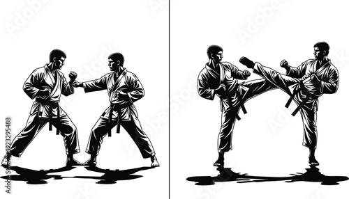 Black, and, white, martial, arts, illustration, featuring, karate, fighters, in, dynamic, combat, stances, high, kicks, punches, and, training, maneuvers, vector.