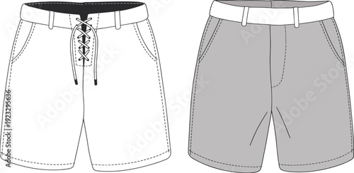 Men's Swimwear Board Shorts Technical Fashion Illustration, Lace Up Front Water Sports Trunks CAD Flat Sketch Vector Template with Waistband and Pocket Detail Variations