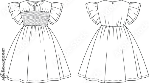 Girls Smocked Bodice Dress Technical Fashion Illustration, Flutter Sleeve Kids Apparel CAD Flat Sketch Vector Template with Front and Back View Zipper Detail