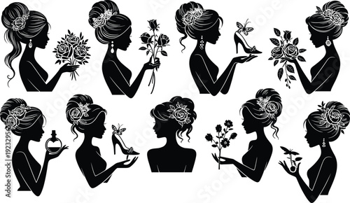 Black vector silhouette set of elegant women with floral hairstyles holding roses perfume and high heels for bridal wedding beauty salon and luxury branding