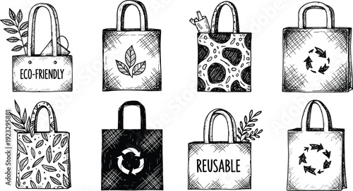 Eco-Friendly Tote Bags: A collection of artistically sketched tote bags, each adorned with unique designs and eco-conscious motifs, embodying sustainable living and environmental responsibility.