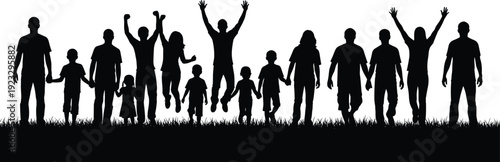 Black, family, silhouette, group, with, parents, and, children, jumping, for, joy, walking, together, outdoors, in, a, grassy, field, vector, illustration.