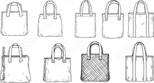 Diverse Tote Bag Designs: A collection of various tote bag designs, showcasing different shapes, handle styles, and textures in a clean, elegant layout. 