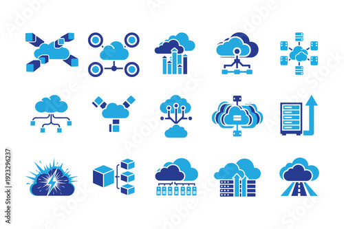 Cloud computing network icons set for data storage, business serve,r security technolog,y web hosting database info