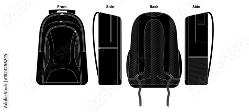 Black Backpack Front Back and Side Views Detailed Vector Template