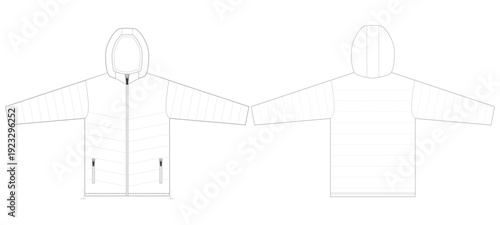 Hooded Puffer Jacket Front and Back View Technical Vector Template