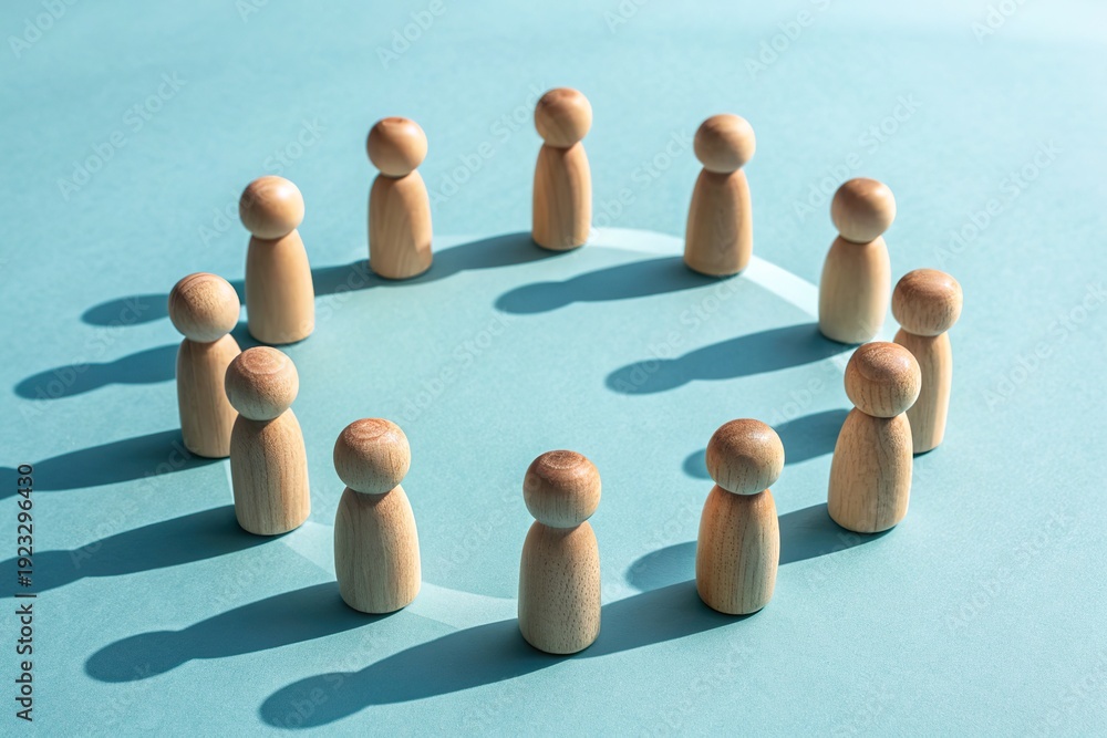 Obraz premium Group of wooden figures arranged in a circle on a blue background, symbolizing community and teamwork