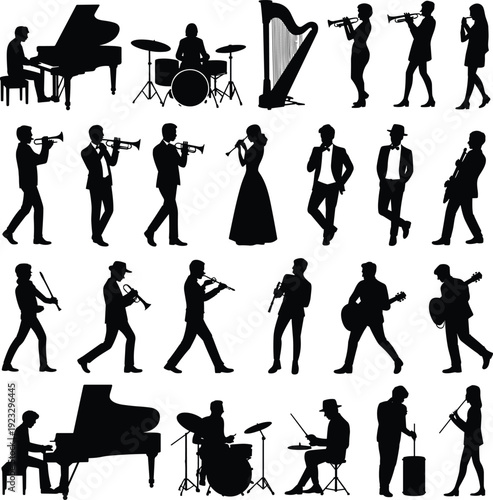Collection of musician silhouettes performing with piano, drums, harp, trumpet, violin and guitar, isolated on white background, music band performance and orchestra concept