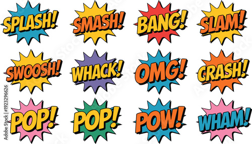 Colorful comic book sound effect collection with splash, smash, bang, slam, swoosh, whack, pop, pow, and wham text in retro pop art style