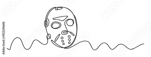 Minimalist single line drawing featuring a terrifying hockey mask ideal for horror movie posters Halloween decorations and spooky event promotional materials.