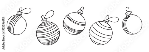 Collection of minimalist outline Christmas baubles featuring various striped designs and hanging loops, ideal for winter holiday greetings, festive event decorations, and seasonal crafting