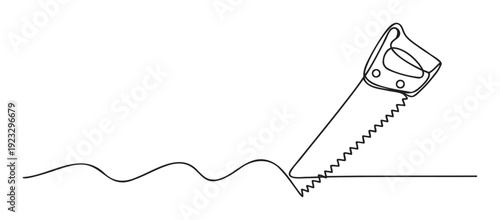 Smooth continuous line drawing of a handsaw cutting through a wavy surface, perfect for representing construction, renovation, DIY projects, and the essence of craft or repair work.