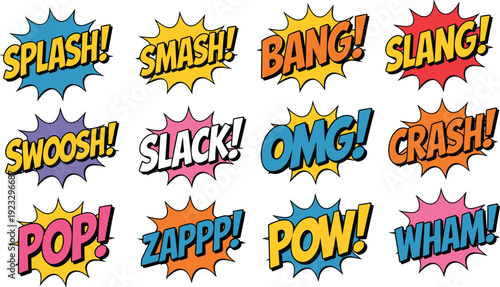 Colorful Comic Book Sound Effects Collection with Pop Art Explosion Bubbles, Cartoon Speech Bursts and Dynamic Action Words Isolated on White Background