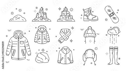 This collection of minimalist winter outline icons features cold weather clothing, outdoor activity gear, and natural ice formations, perfect for seasonal applications and holiday graphic