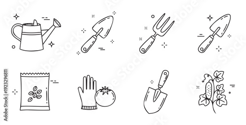 Essential gardening equipment and fresh vegetable elements for agricultural content, farmtotable promotions, or backyard garden project documentation needs