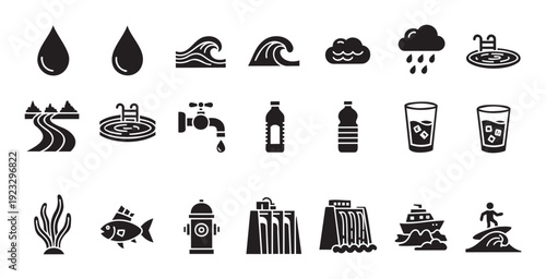 A collection of water related glyph icons encompassing drops, waves, rain, pools, rivers, taps, bottles, drinking, dams, and marine activities for aquatic themed graphic projects