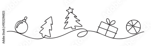 Minimalist continuous line drawing of various holiday season icons including Christmas trees, a gift box, an ornament, and a candy, perfect for winter festive greeting messages and