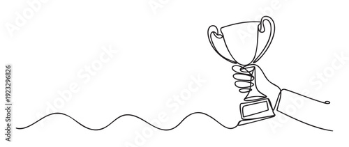 Minimalist continuous line art depicting a triumphant hand holding a championship trophy, perfect for symbolizing success, achievement, and winning in business presentations and sports