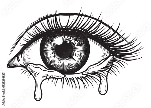Expressive graphic eye shedding tears, rendered in a strong linocut style, representing heartbreak and emotional turmoil for compelling visual storytelling.