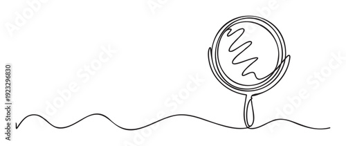 Elegant one line art drawing featuring a cosmetic hand mirror connected by a continuous flowing wave line, ideal for modern advertising, spa services, or personal care branding.