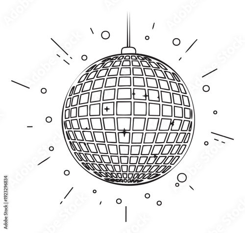 A shimmering disco ball line drawing perfect for music event promotions, dance party invitations, or entertainment venue decorations, evoking a festive and lively atmosphere.