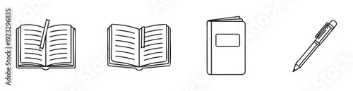 Essential stationery icons for educational resources and literacy projects featuring outline drawings of various books and a writing instrument